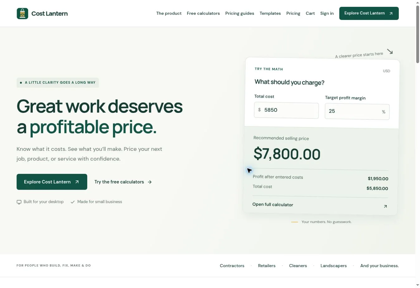 CostLantern homepage with a pricing calculator beside the headline Great work deserves a profitable price.