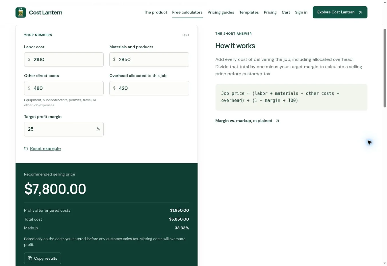CostLantern job pricing calculator with labor, material and overhead inputs and a recommended selling price.