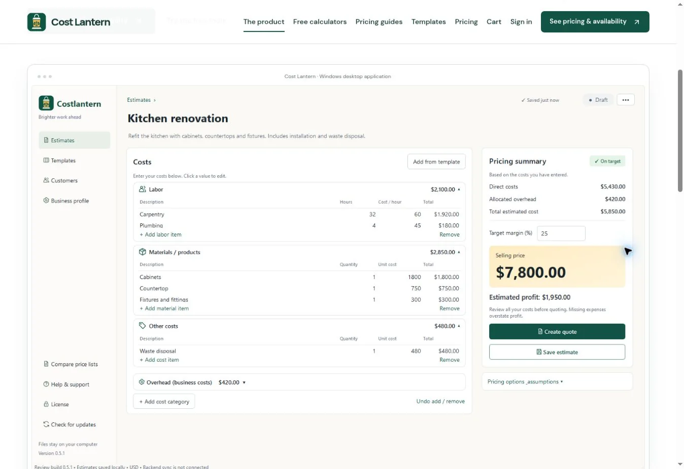 CostLantern product page showing a kitchen renovation estimate, itemized costs, and a pricing summary.