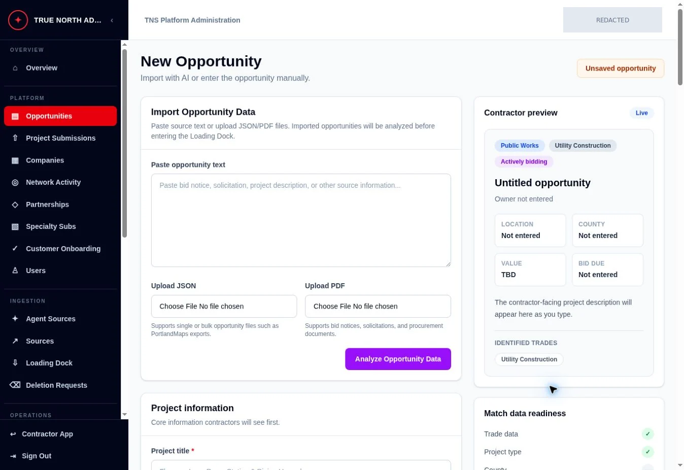 TrueNorthSource opportunity editor, with private information redacted.