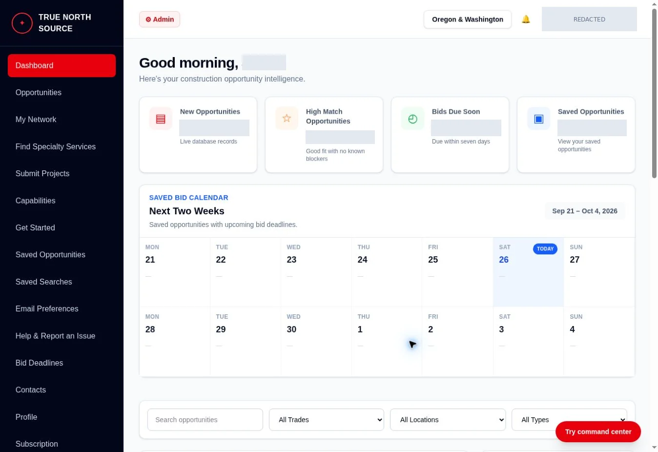TrueNorthSource customer dashboard, with private information redacted.